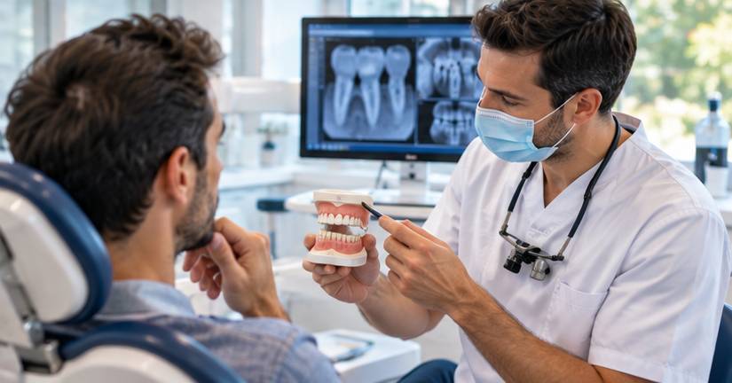 Chirurgien-dentiste expliquant un traitement à un patient en français
